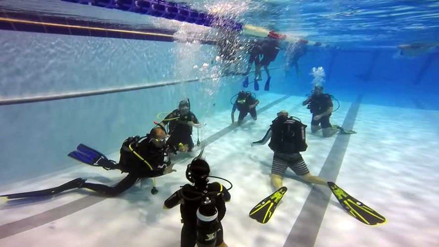Grup de scafandri în piscină, cu bule urcând spre suprafață